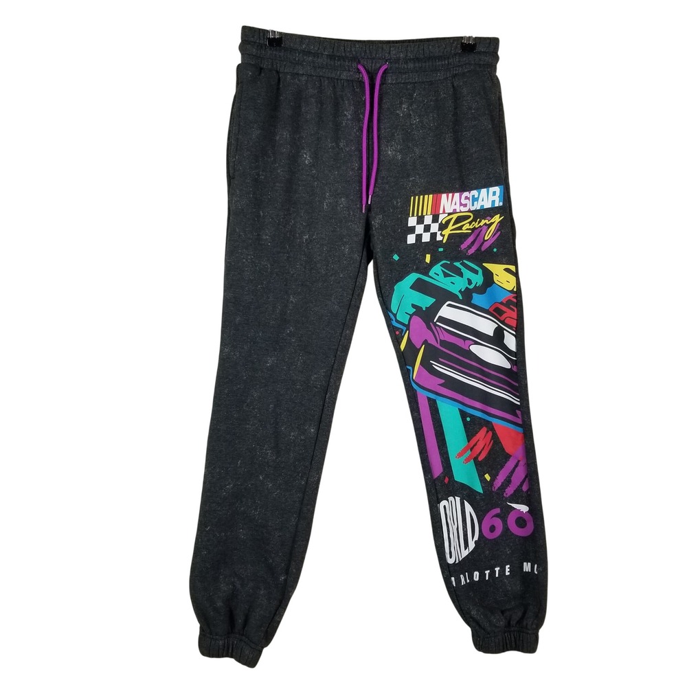 NASCAR Racing Sweatpants Mens S Charcoal Acid Wash‎ Neon Graphic Joggers